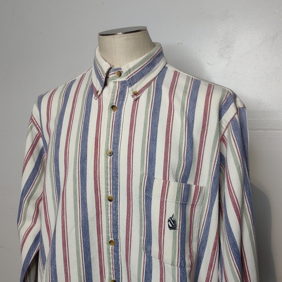 Vintage 90s NAUTICA Button Down Shirt Red White Blue Denim Stripe XL 100% Cotton - Picture 1 of 8